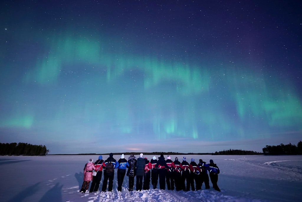 Group of travelers standing together gazing up at the northern lights on a Lapland trip