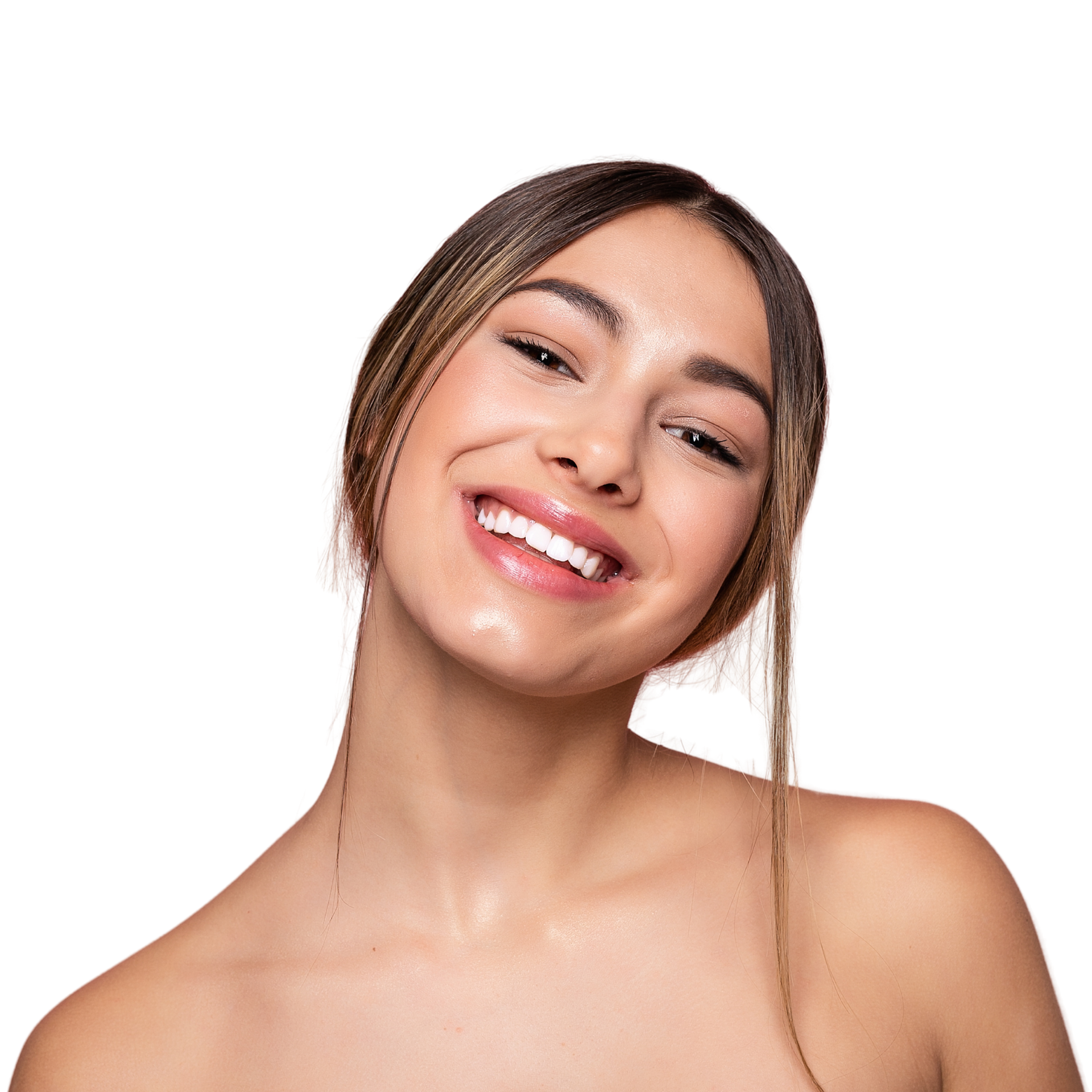 A woman with long hair is smiling with her hands on her face.