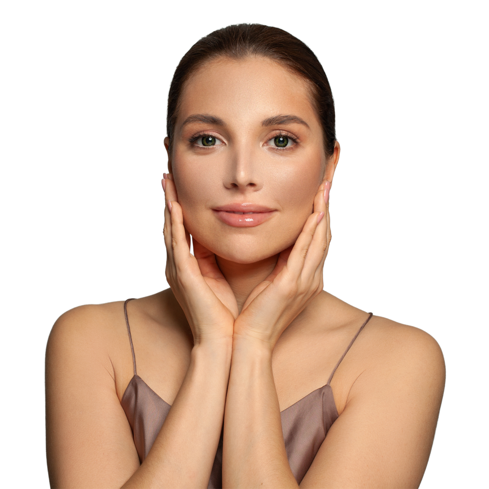 A woman with long hair is smiling with her hands on her face.