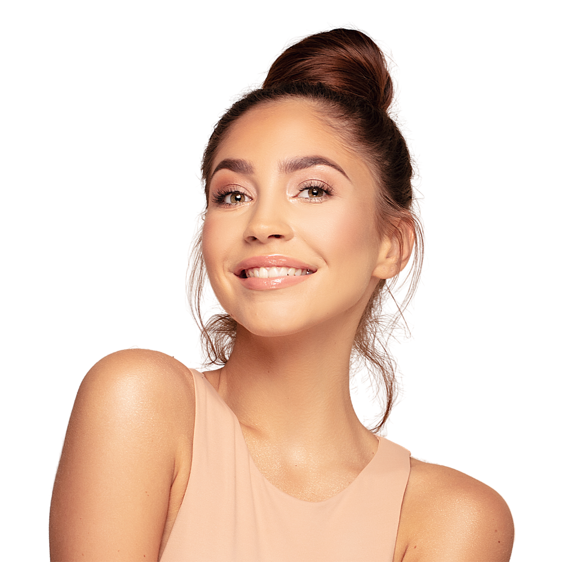 A woman with long hair is smiling with her hands on her face.