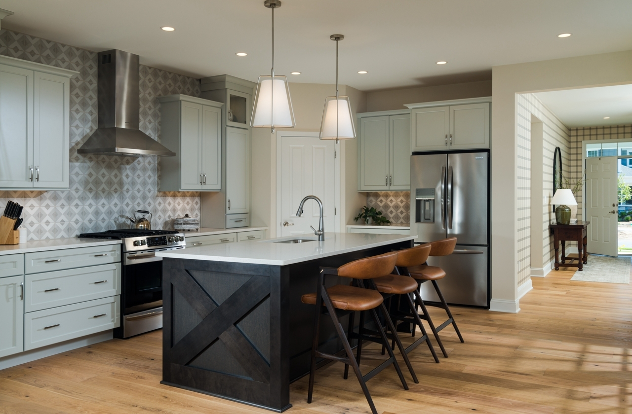 Cypress Ranch - Gourmet Kitchen with working island and geometric tiled backsplash