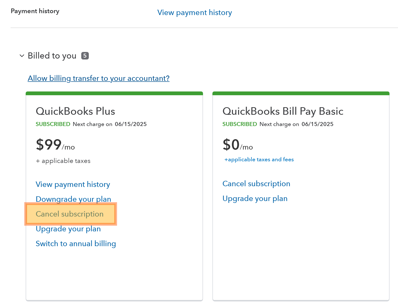 Screenshot of QuickBooks Online highlighting the cancel subscription button