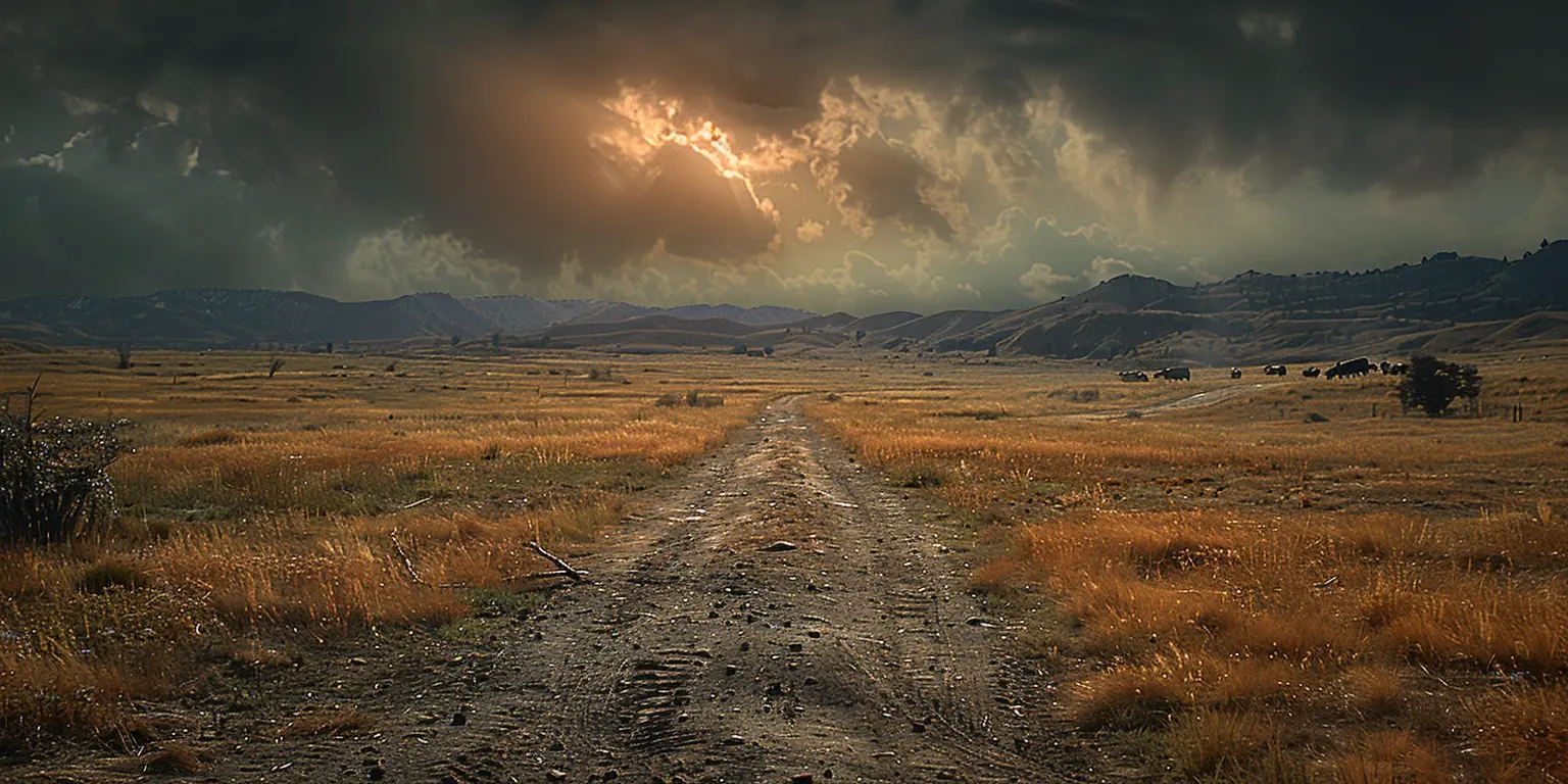 Covered wagons traverse the Oregon Trail across a vast, sun-scorched prairie with distant hills under a cloudless sky.