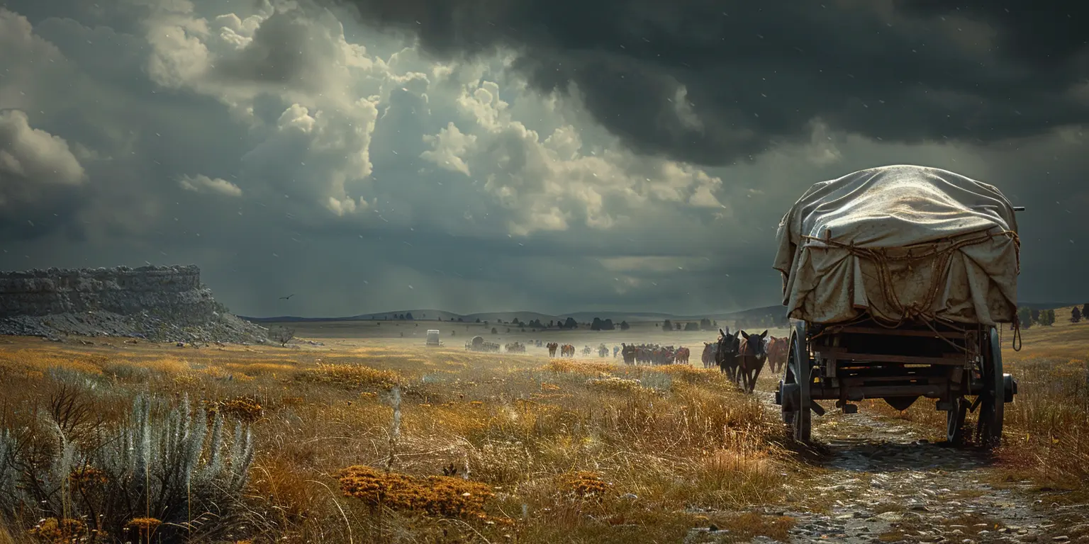 Wagon train crossing vast prairie under bright sky, tall grass swaying, emphasizing pioneers' isolation on westward journey.
