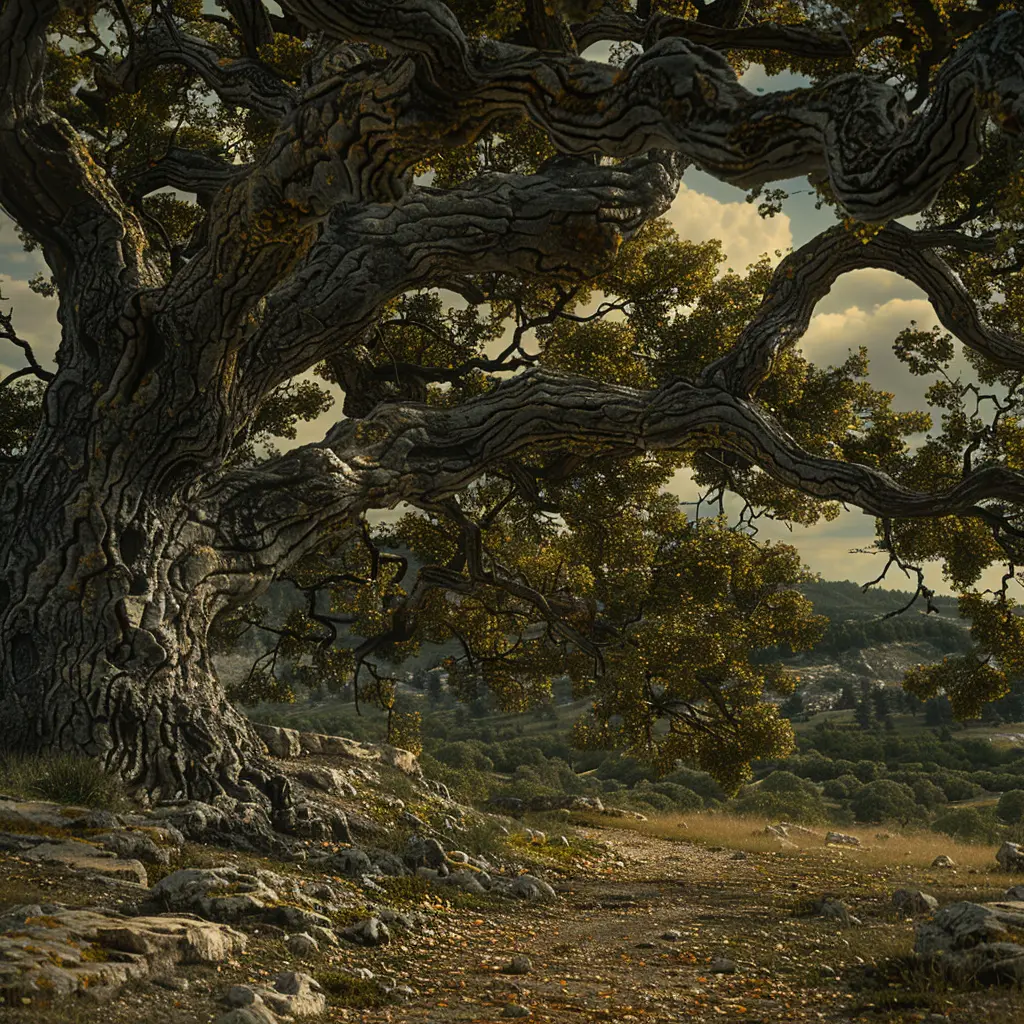 Gnarled oak tree along Oregon Trail, twisted branches reaching skyward, weathered bark etched with hardship, carpet of fallen leaves.