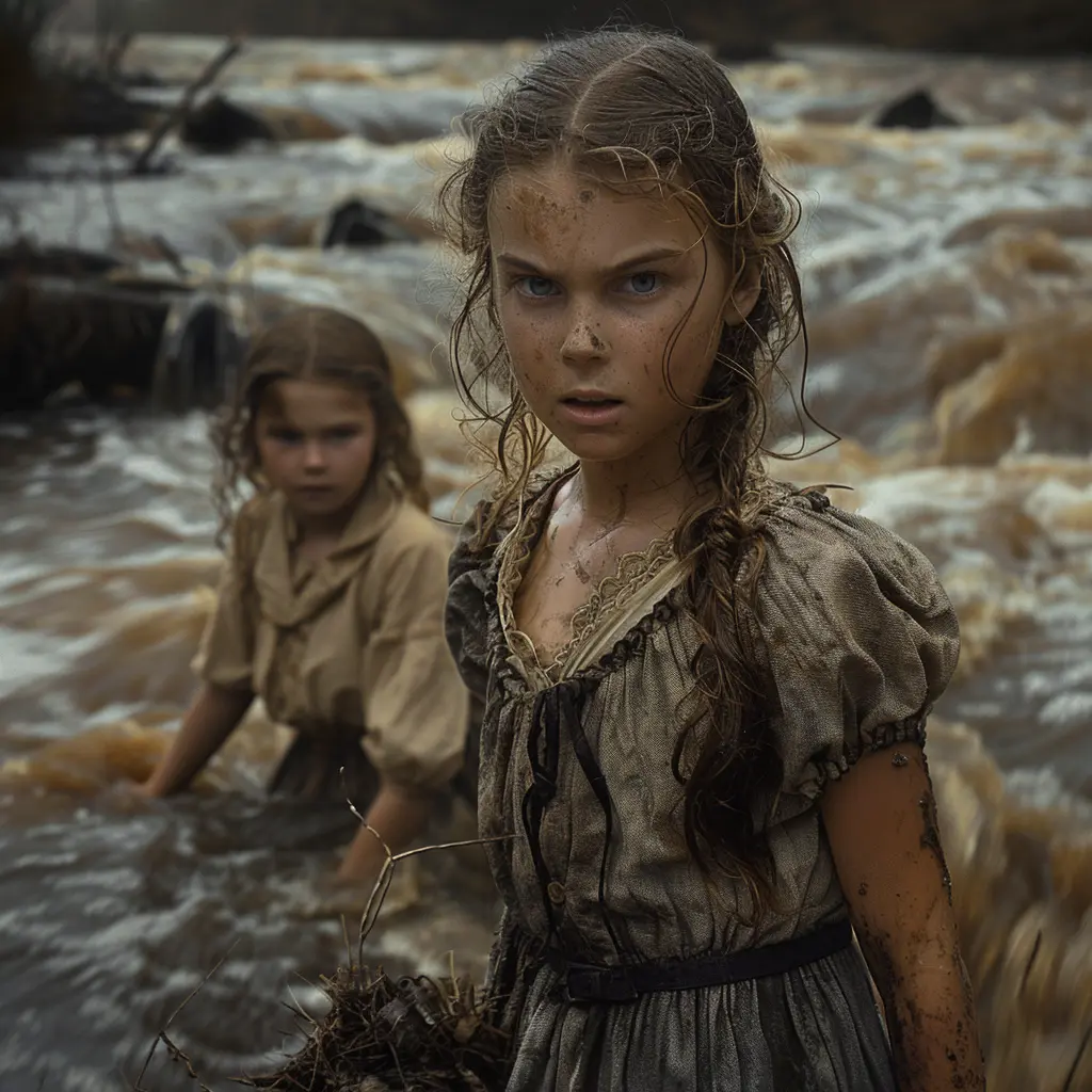 Panoramic view of Oregon Trail, lone covered wagon with young girl's solemn face seen through opening, representing journey's hardships.