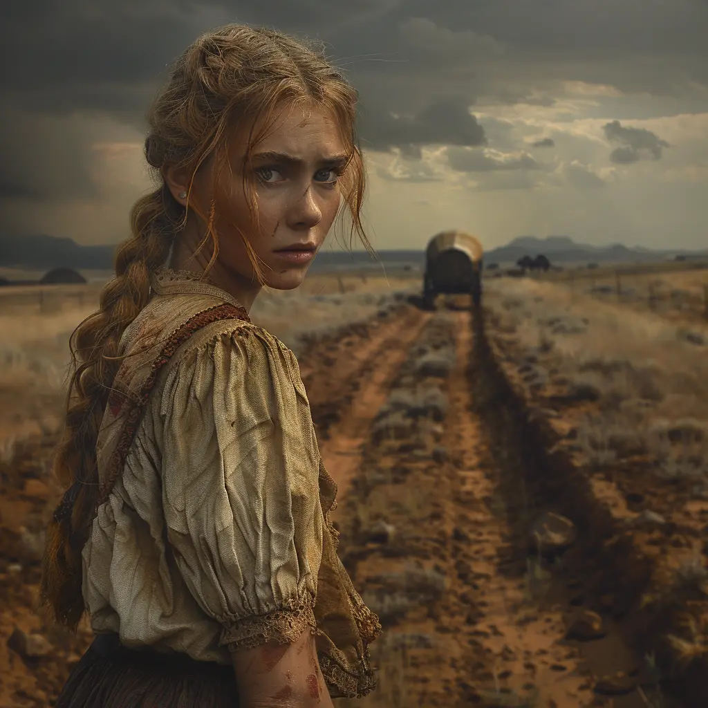 Covered wagon on dusty frontier, young girl silhouetted against canvas, gazing at distant horizon.