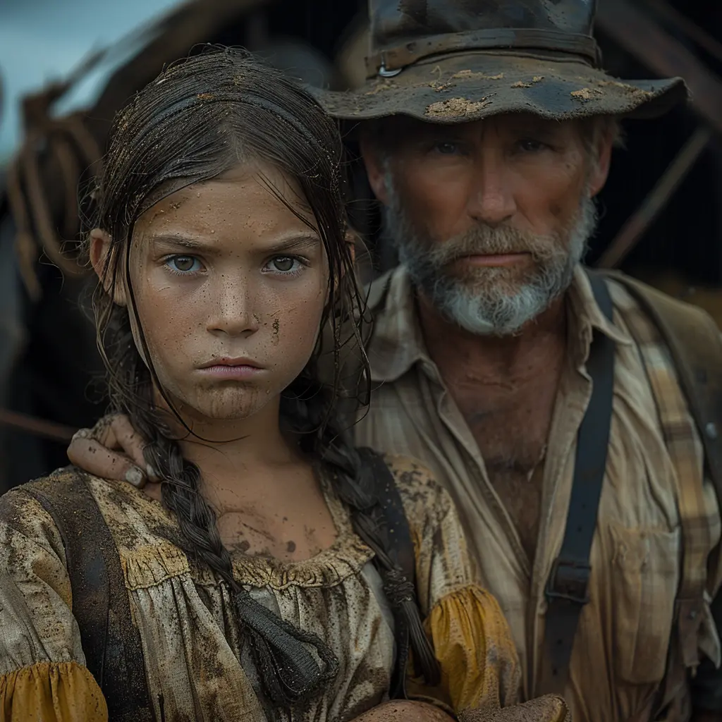 Vast prairie with wagon train. Close-up of covered wagon, young girl Sarah visible inside, looking tired and frustrated.