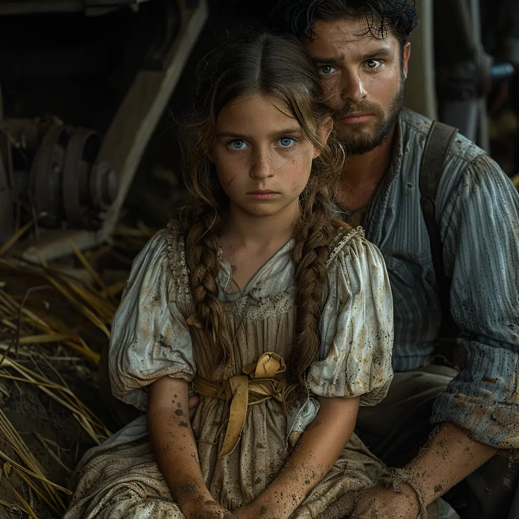 Young girl in wagon peers hollowly across desolate prairie after losing mother, flickering spark of resilience remains amidst grief.