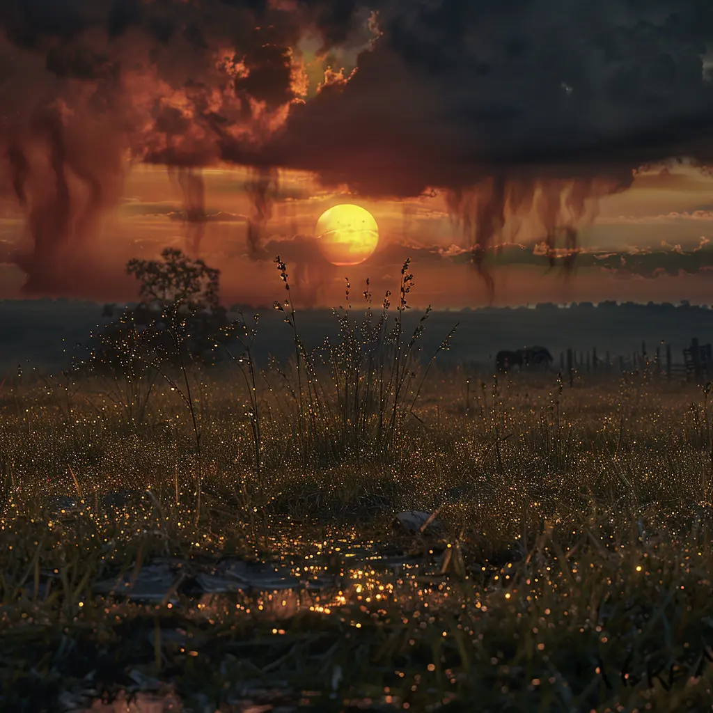 A tear on a prairie grass blade at sunset, reflecting the landscape and a wagon train, symbolizing isolation.