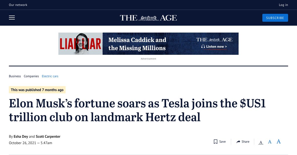Elon Musks fortune soars as Tesla joins the US1 trillion club on landmark Hertz deal