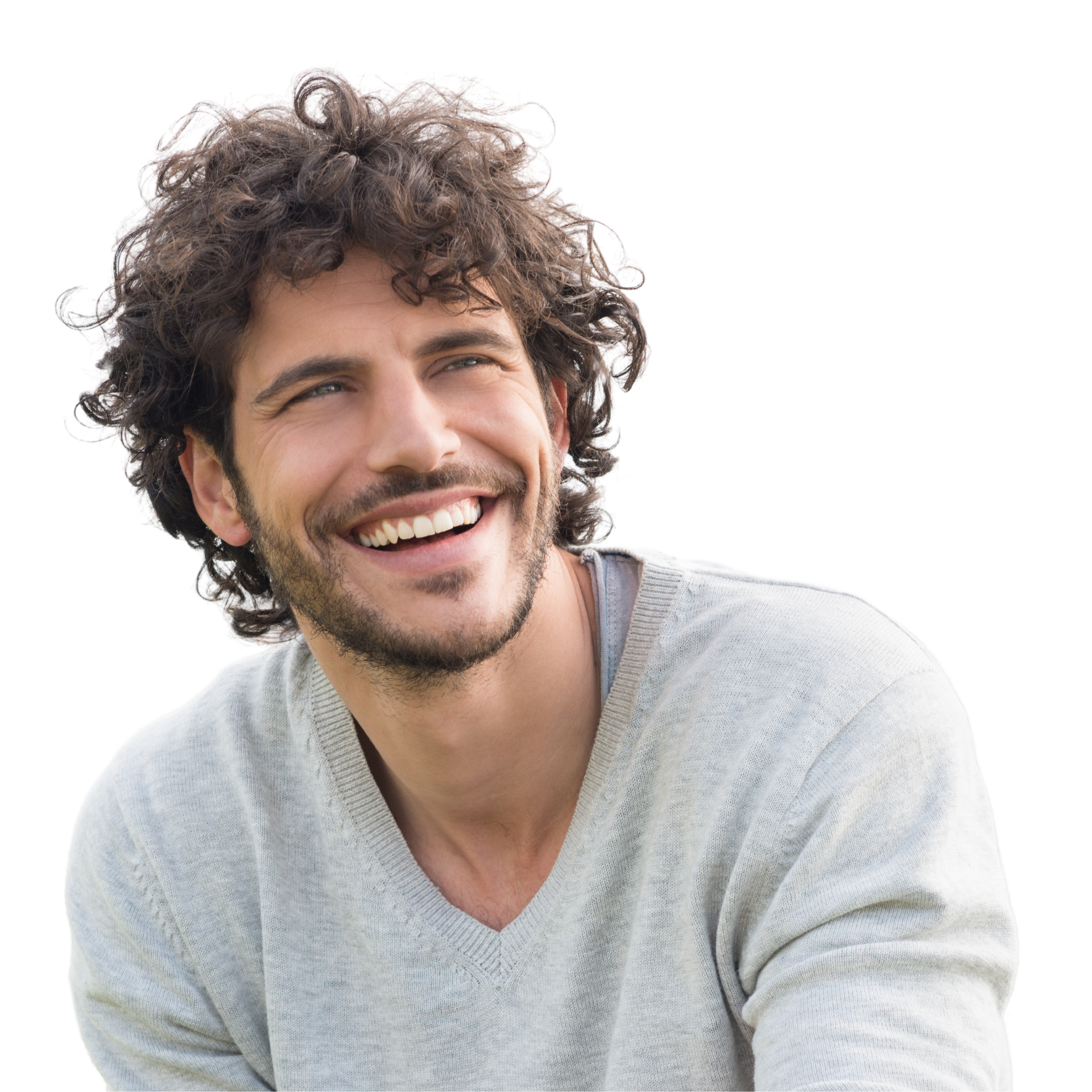 A woman with long hair is smiling with her hands on her face.