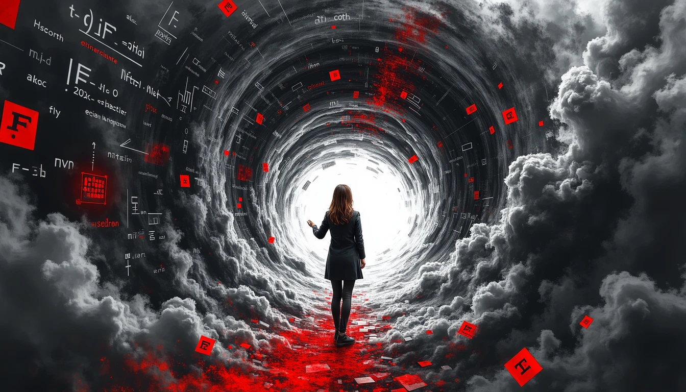 Researcher controlling chaotic AI algorithms with strategic red threads