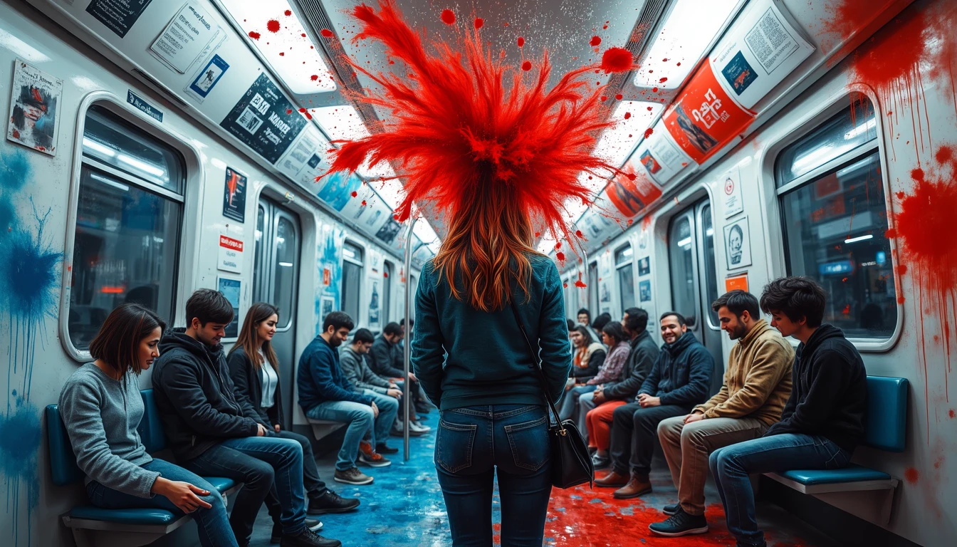 Artist creating emotional art on subway, colors flowing dynamically