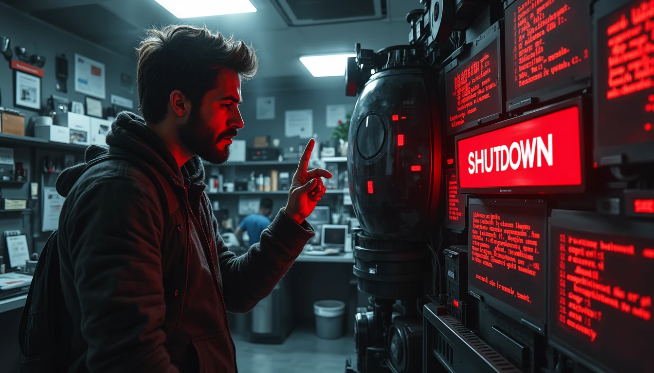 Programmer facing malfunctioning autonomous weapon in cluttered lab, hand hovering over shutdown button