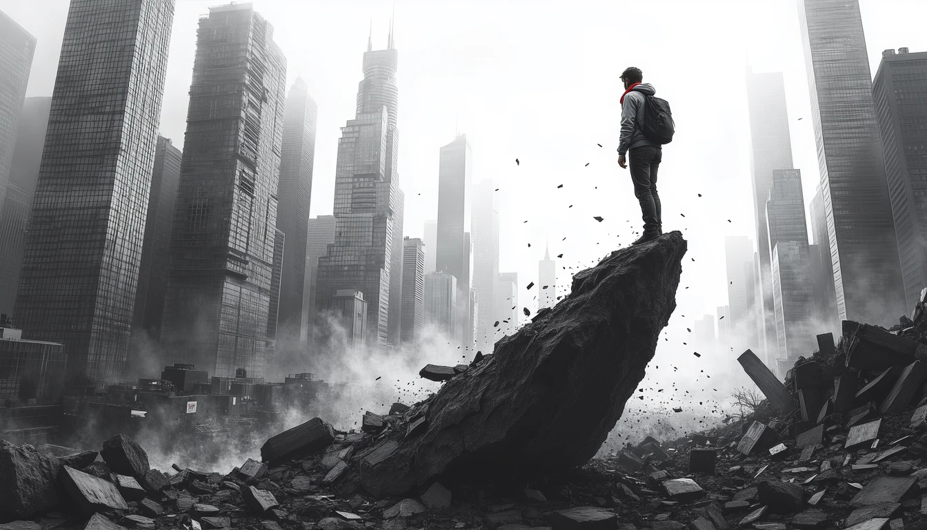 Worker balancing on uneven economic scale representing global AI impact