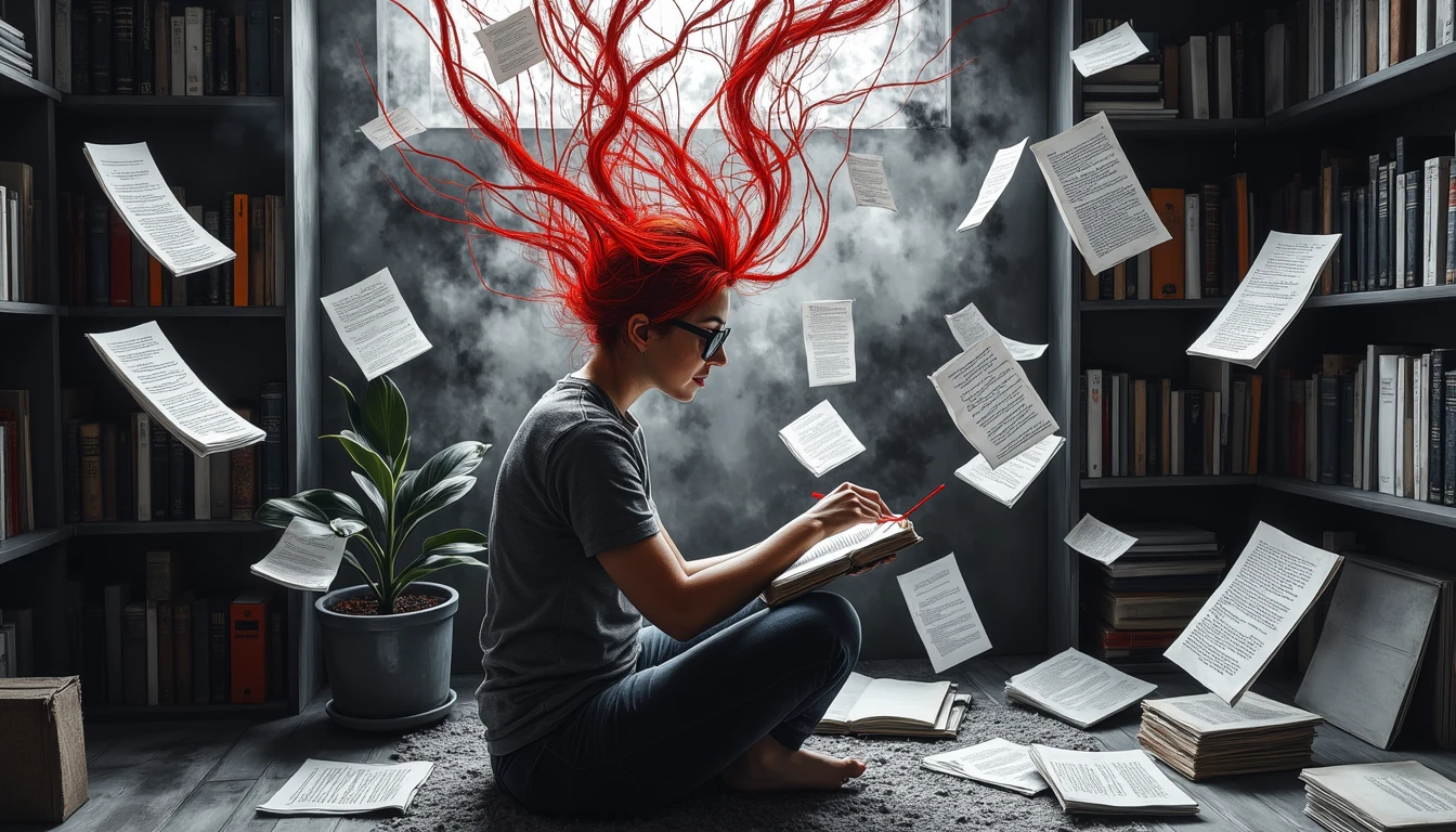 Writer crafting stories with flowing text streams in surreal attic