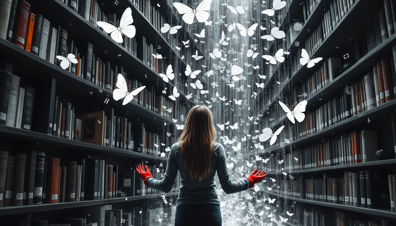 Data scientist capturing data streams in surreal library setting