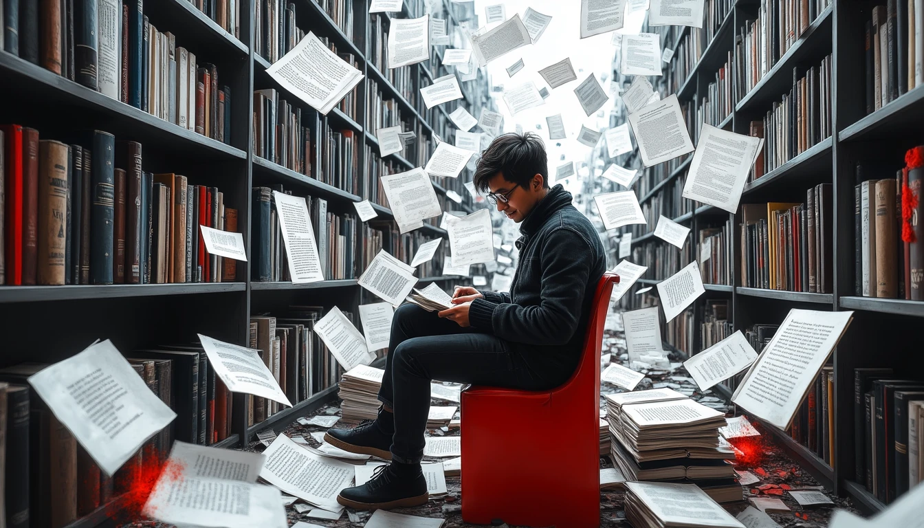 Reader surrounded by transforming story threads in dynamic library setting