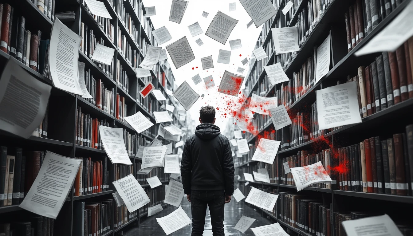 Person orchestrating dynamic word connections in chaotic library