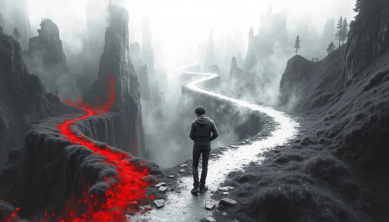 Person at crossroads of multiple technological prediction paths