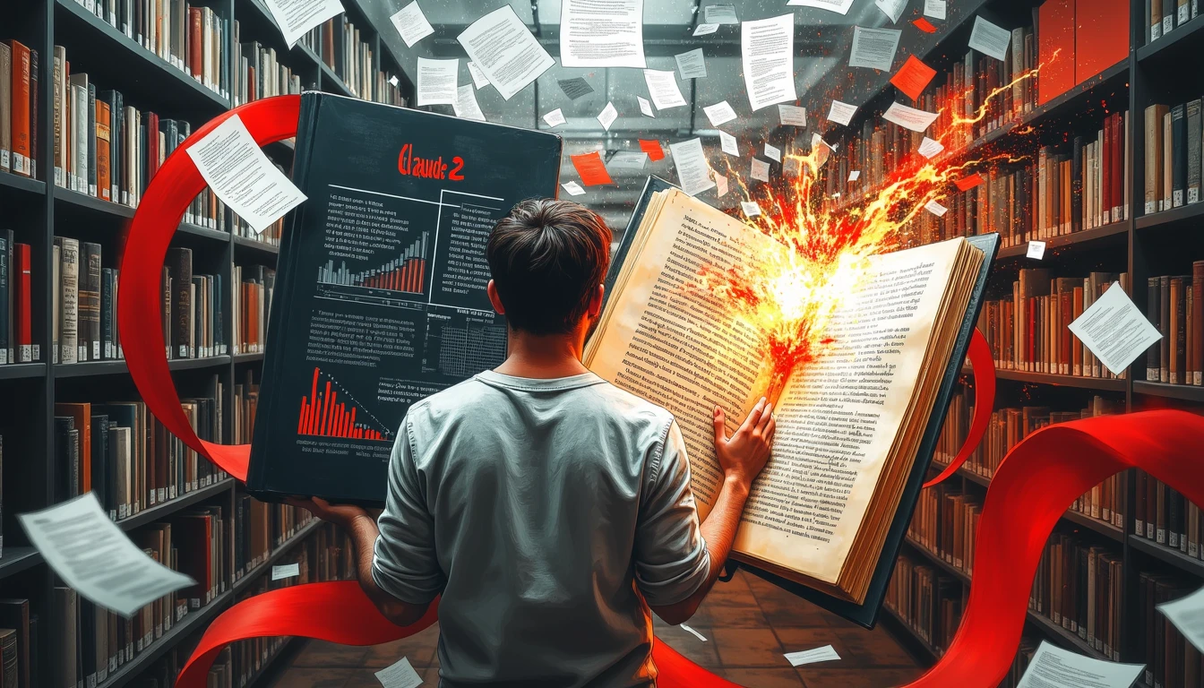 Researcher comparing AI models amidst flying books in dynamic library scene