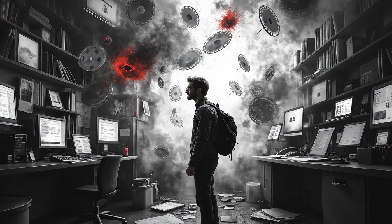 Filmmaker confronts AI-driven film production amid surreal, floating film reels