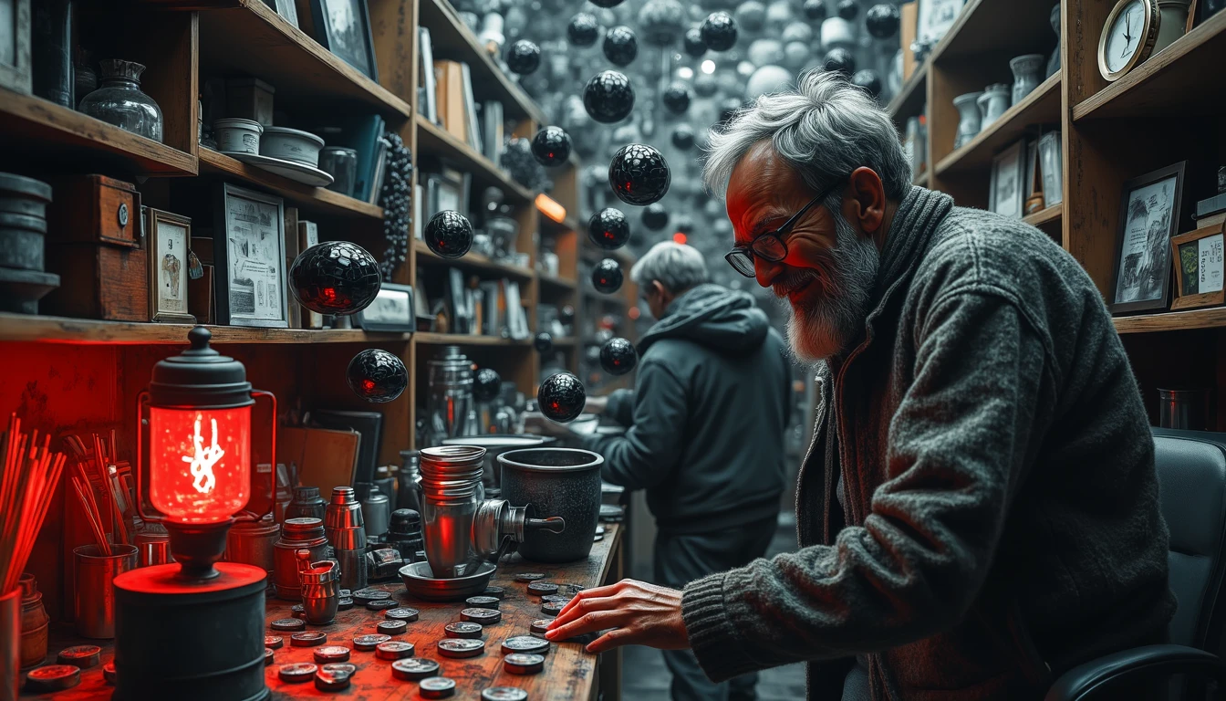 Floating shopkeeper organizes antiques, holds glowing red lamp, showing efficient data organization