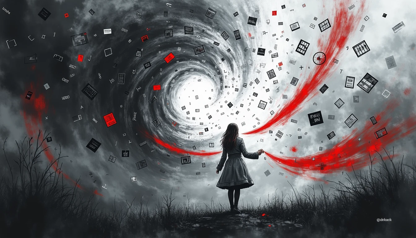 Scientist controlling chaotic AI algorithms with red thread