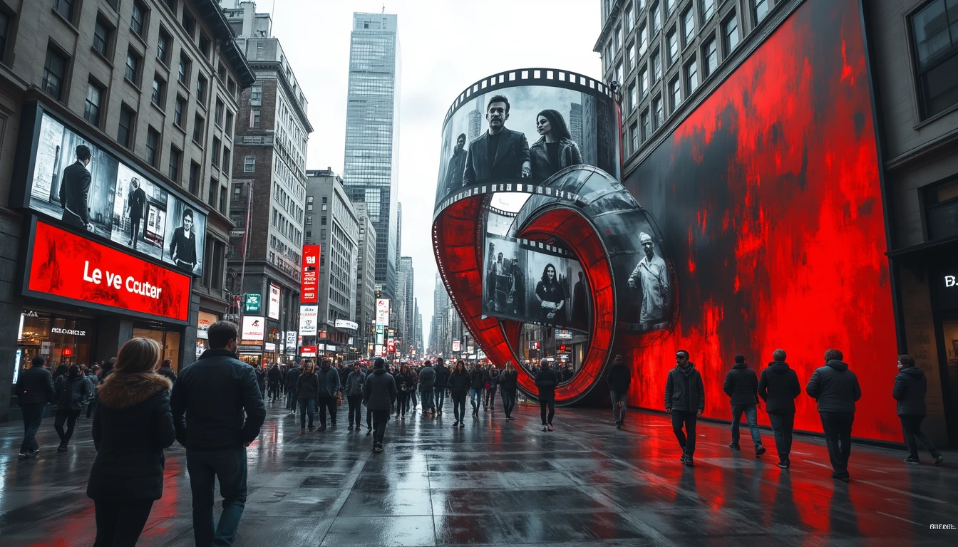 Film reel transforming stereotypical characters in urban landscape