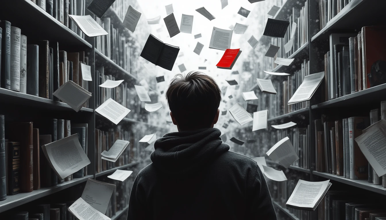Person amid floating, twisting books symbolizing adaptive intelligence