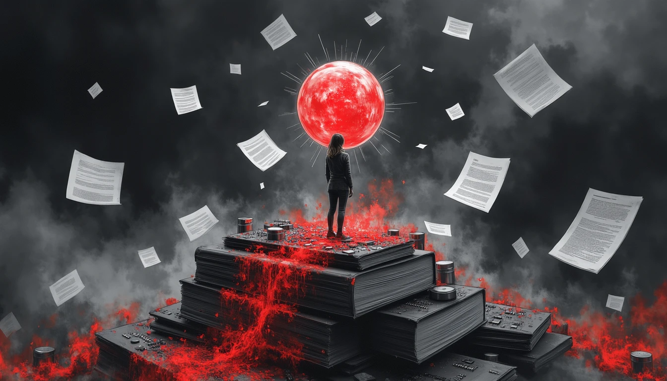 Researcher balancing AI consciousness amid floating documents and technological elements