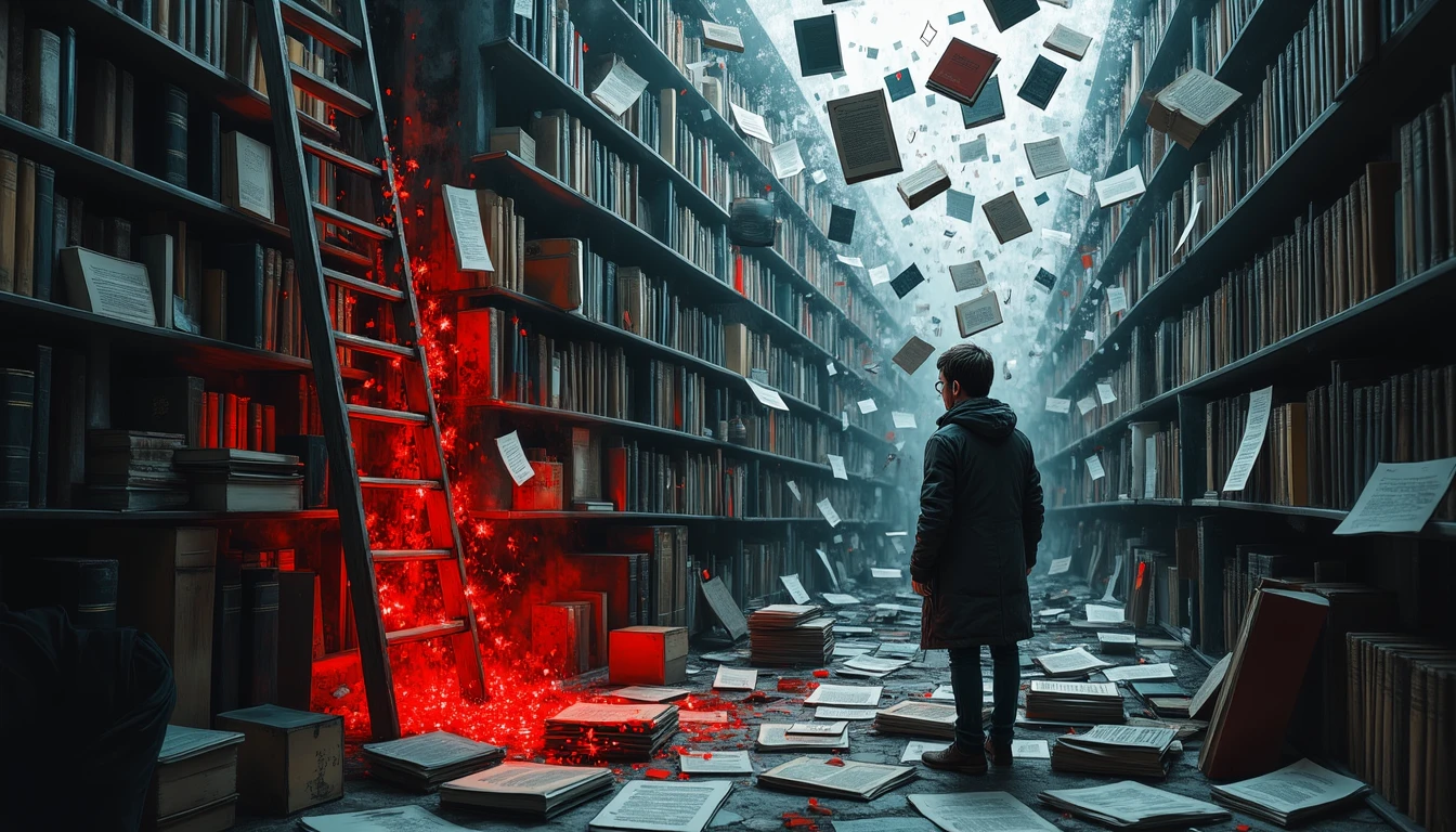 Librarian on ladder connecting floating books with red threads in chaotic library
