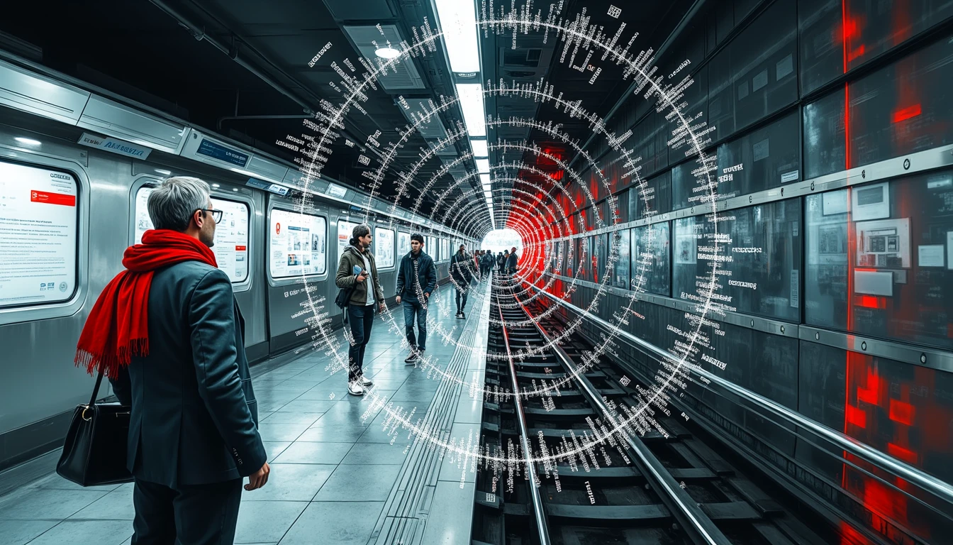 Person navigating neural network maze in surreal subway setting