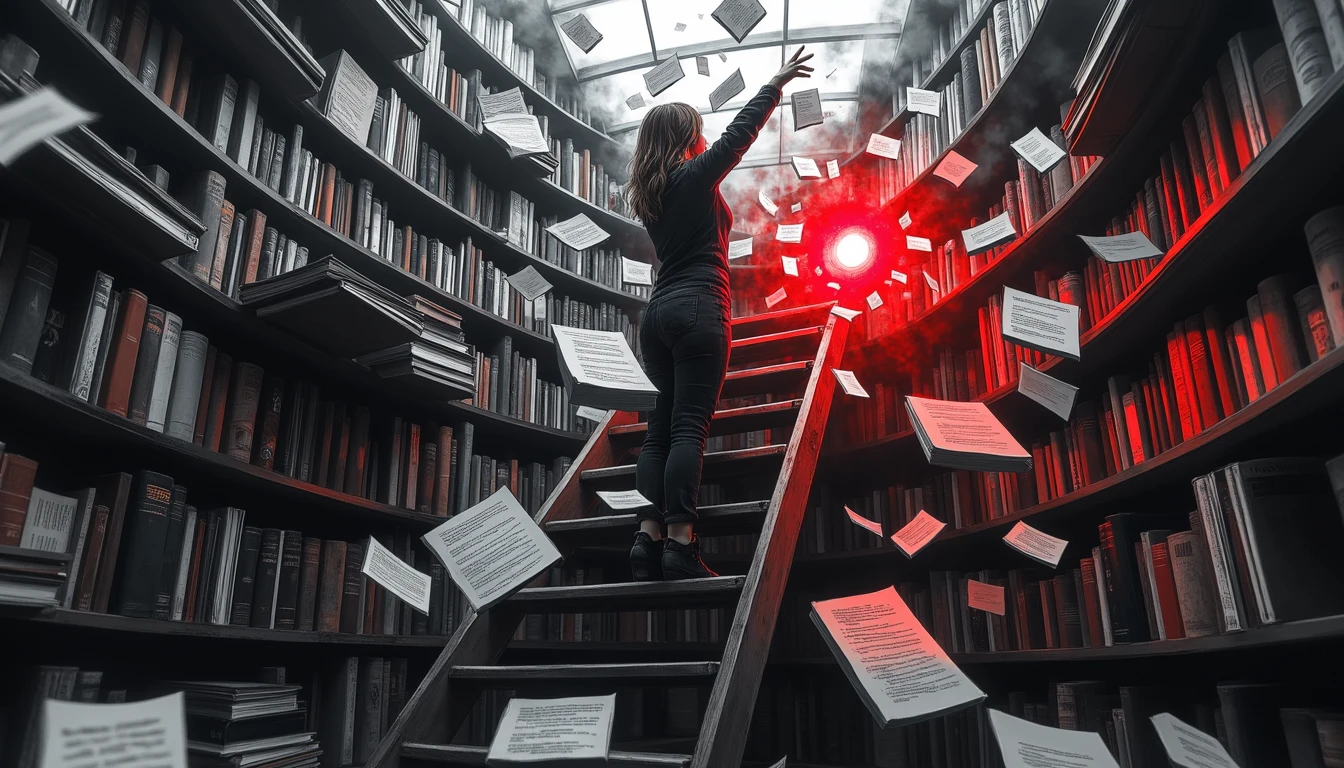 Librarian on ladder retrieving glowing vector embeddings in chaotic floating book library