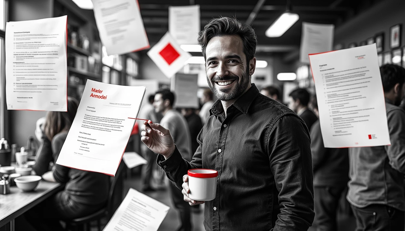 Tech founder amid swirling ownership documents in dynamic black and white scene