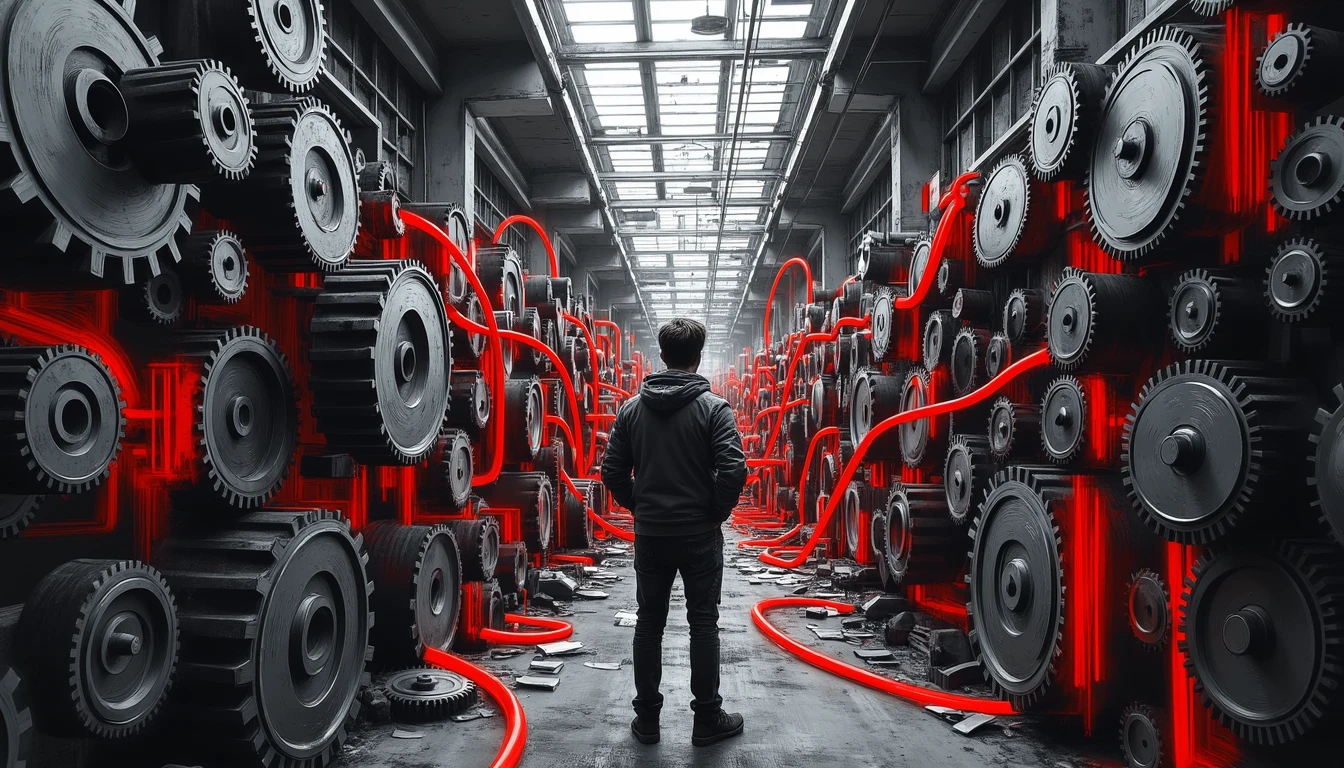 Person navigating interconnected learning mechanisms in industrial setting