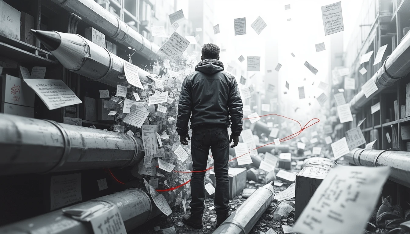 Worker dissolving into pixels amid giant office supplies