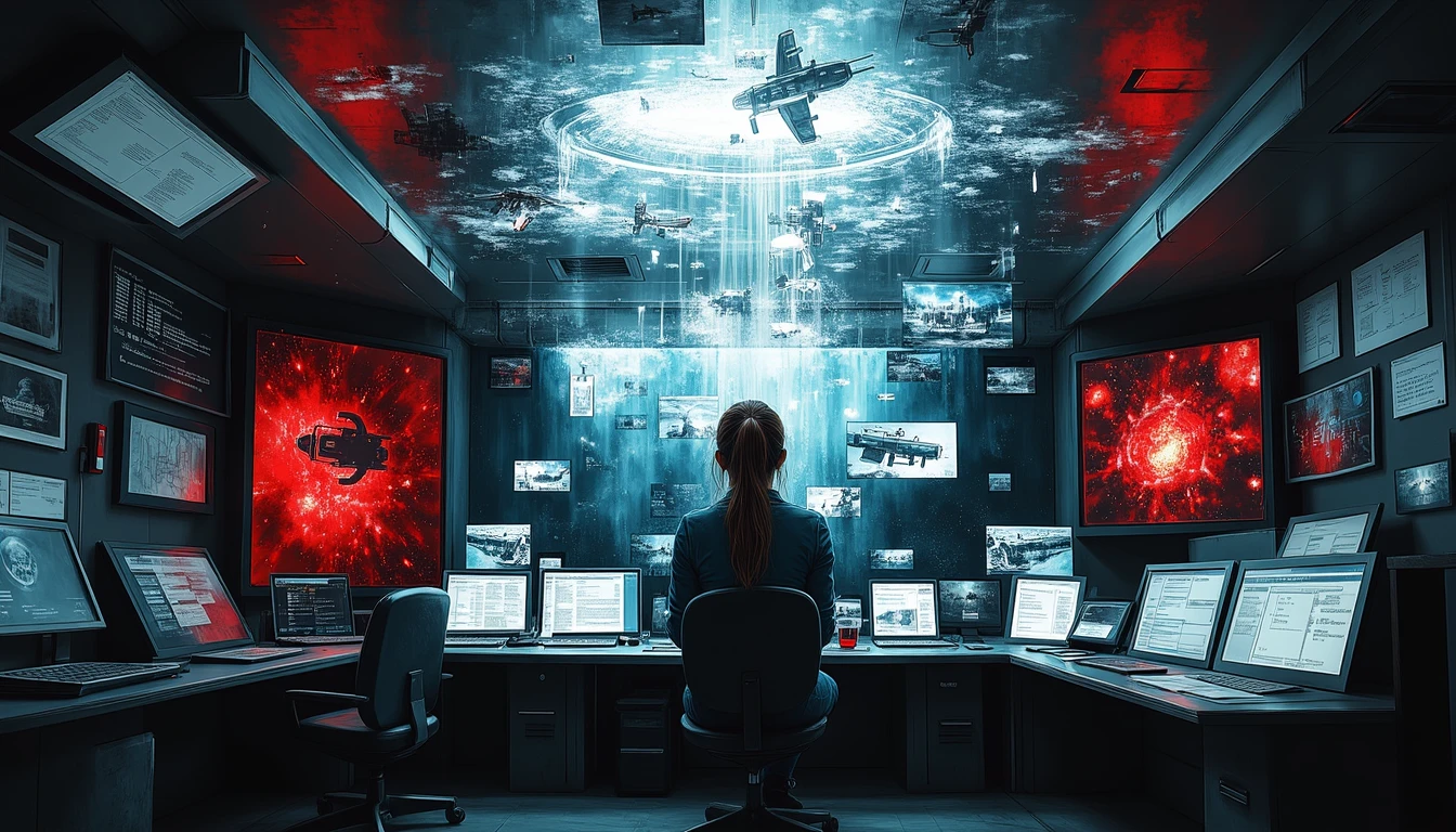 Strategist in inverted submarine room, manipulating floating battle scenarios, showcasing AI-powered planning