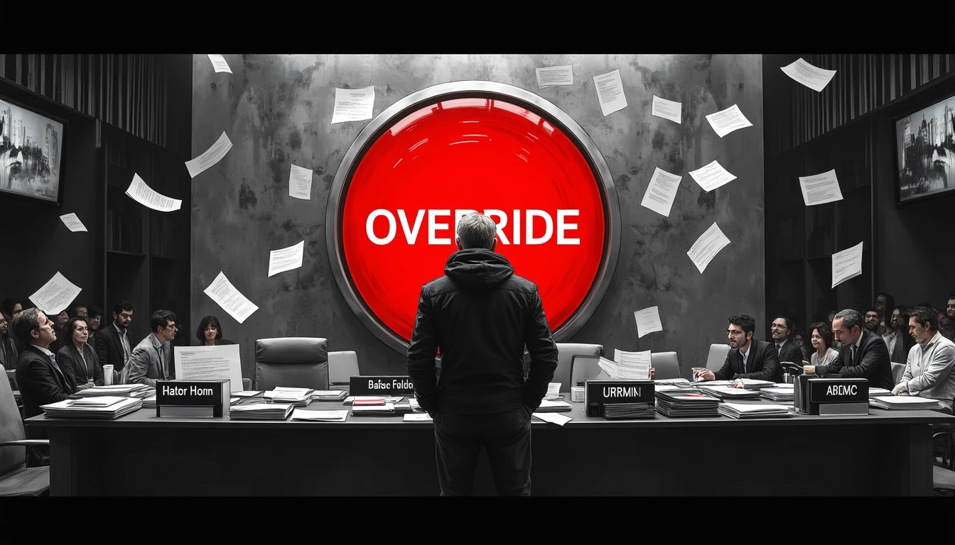 Person reaching for red 'OVERRIDE' button in chaotic UN Security Council chamber