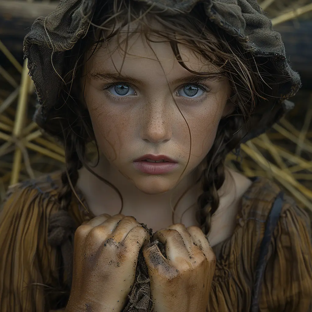 Tearful young girl on Oregon Trail, clutching rag doll, gazes at sunset prairie with mix of fear and hope