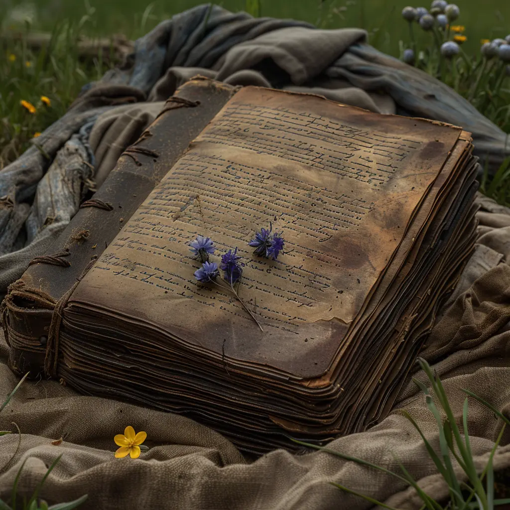 Open weathered journal on prairie blanket, pages filled with handwriting, pressed purple wildflower marking entry
