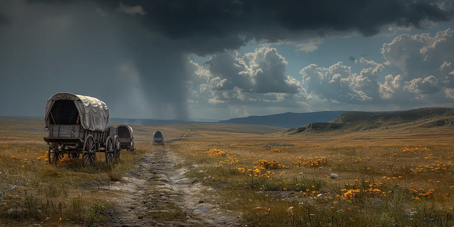 Sun-drenched prairie with Oregon Trail cutting through. Covered wagons in distance, golden grass swaying in breeze.