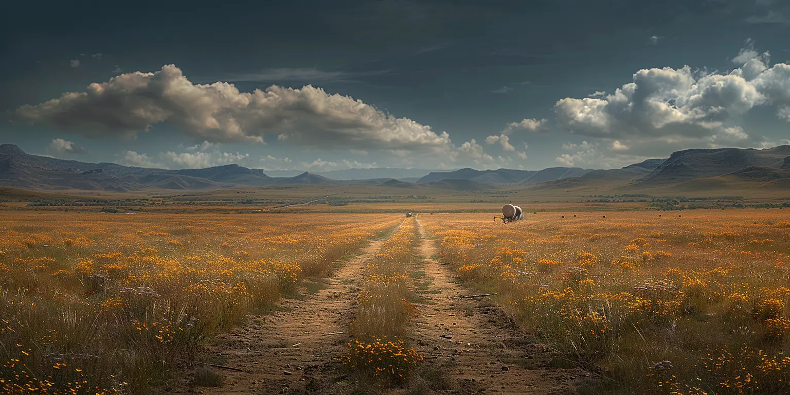 Golden prairie with Oregon Trail cutting through, covered wagons visible in distance under blue sky