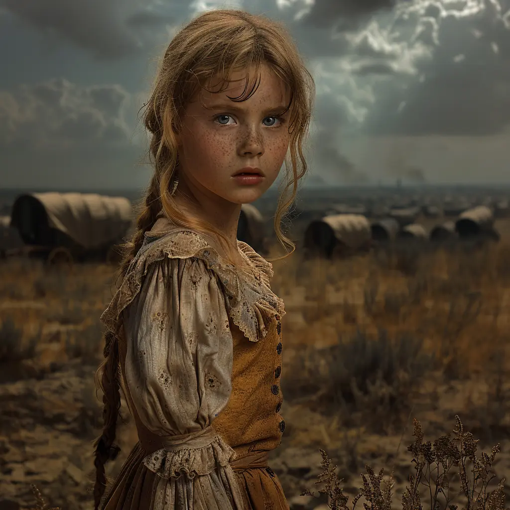 Young pioneer girl watches line of covered wagons crossing vast prairie, symbolizing frontier journey