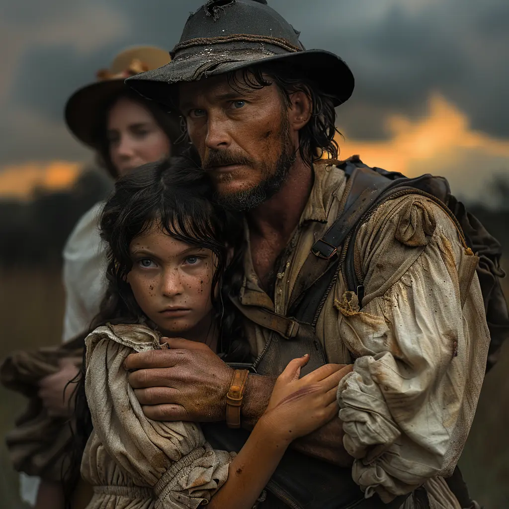 Aerial view of wagon train on vast prairie, zooming in on young girl with doll in wagon, looking fearful and wistful.