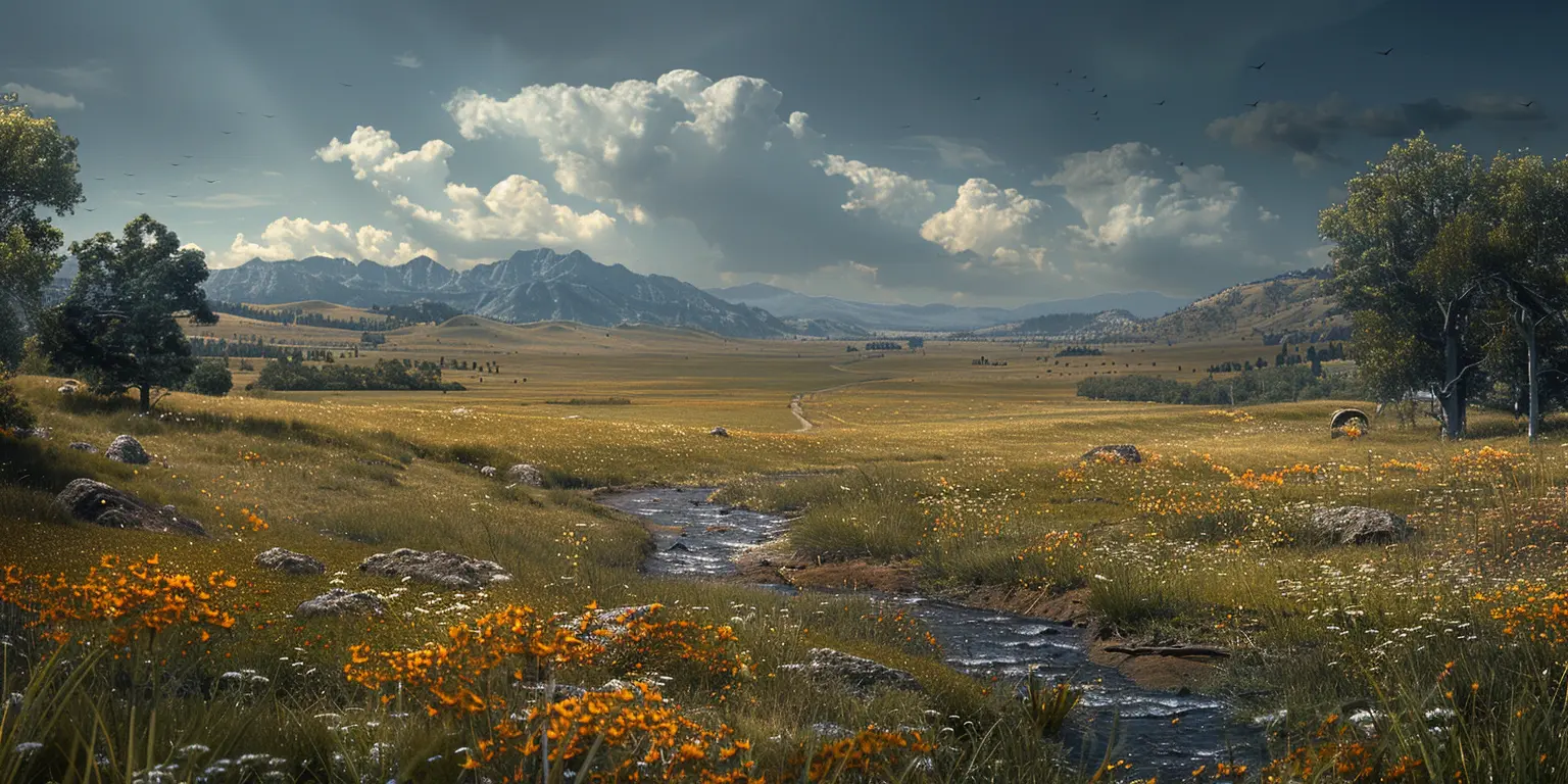 Golden prairie with Oregon Trail wagon ruts, distant river, and autumn cottonwoods under a sunny sky.<br>