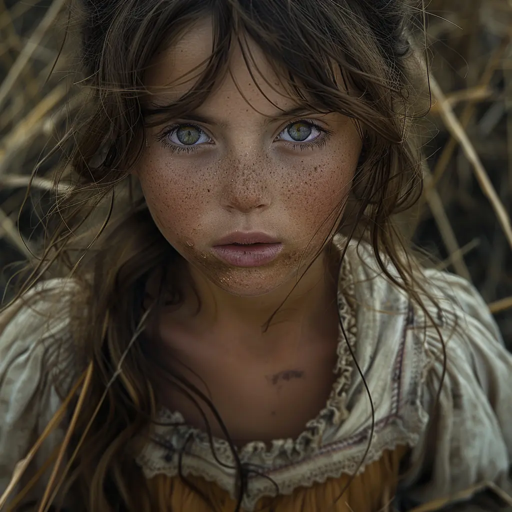 Young pioneer girl with tousled hair, holding Bible, gazes at prairie with hopeful yet uncertain expression