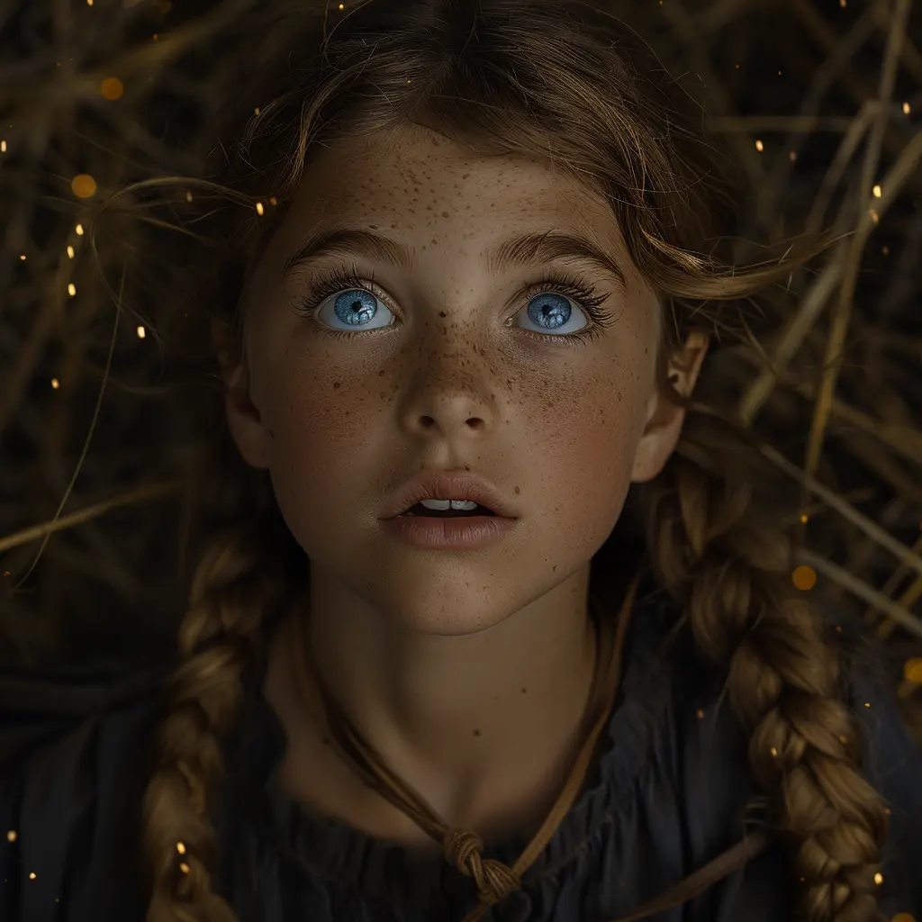 Young girl with blue eyes smiles by campfire, leaning on new mother's shoulder, reflecting hope and peace
