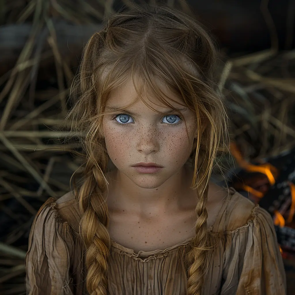 Young blonde girl with freckles by campfire, smiling peacefully as she leans against her adoptive mother at dusk.